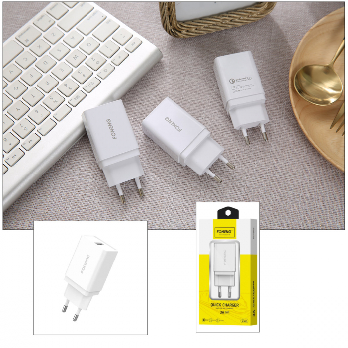 Incarcator retea, un port USB, 5V/3A QC 3.0, Foneng K300, alb [4]