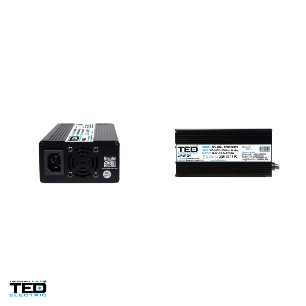 Incarcator smart TED Electric TED008992 pentru baterii LiFePO4 12 V, tensiune de incarcare 14,6 V, 20 A, 292 W, incarcare in 3 etape, 235 x 100 x 54 mm [4]