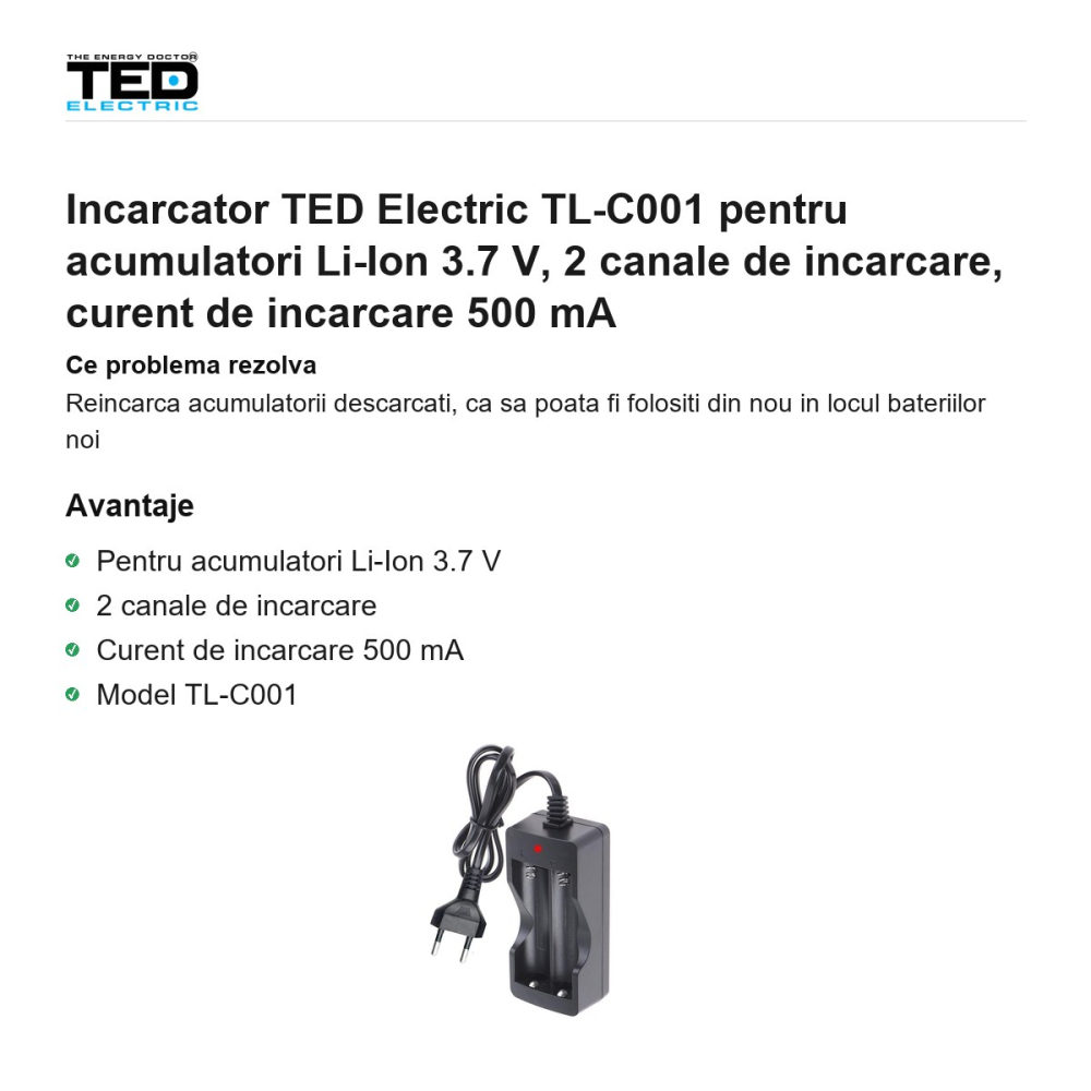 Incarcator TED Electric TL-C001 pentru acumulatori Li-Ion 3.7 V, 2 canale de incarcare, curent de incarcare 500 mA [2]