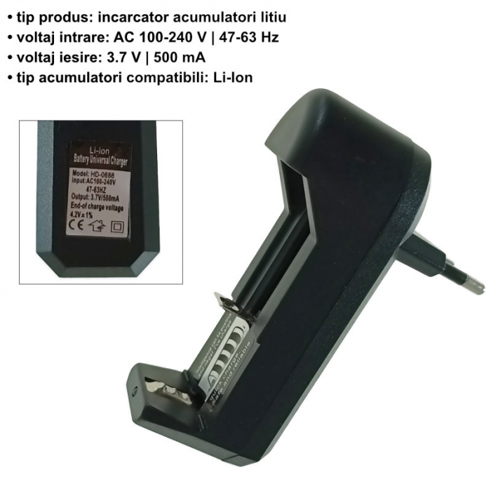 Incarcator universal pentru acumulatori Li-Ion, 3.8V, 500mA, 18650, conectare la 220V, negru [6]