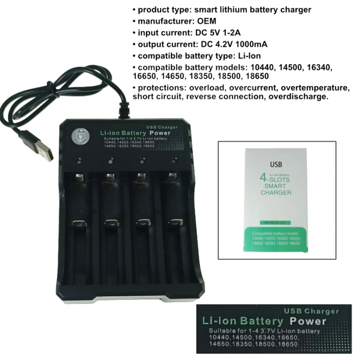 Incarcator USB inteligent pentru 4 acumulatori litiu, 4.2V, 1000mA, 18650, negru [6]