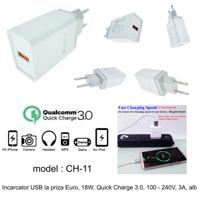 Incarcator USB la priza Euro, 18W, Quick Charge 3.0, 100 - 240V, 3A, alb [3]