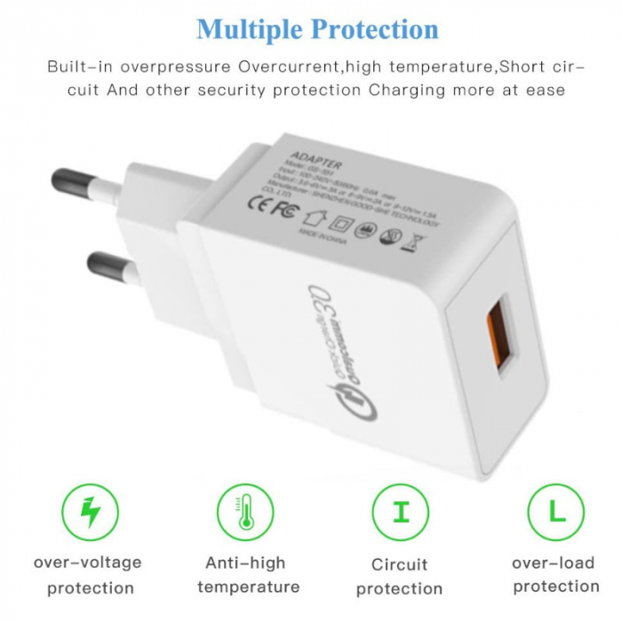 Incarcator USB la priza Euro, 18W, Quick Charge 3.0, 100 - 240V, 3A, alb [6]