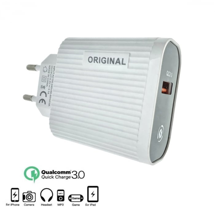 Incarcator USB la priza Euro, cu indicator Led, Quick Charge 3.0, 100 - 240V, 3.1A, alb cu negru [4]