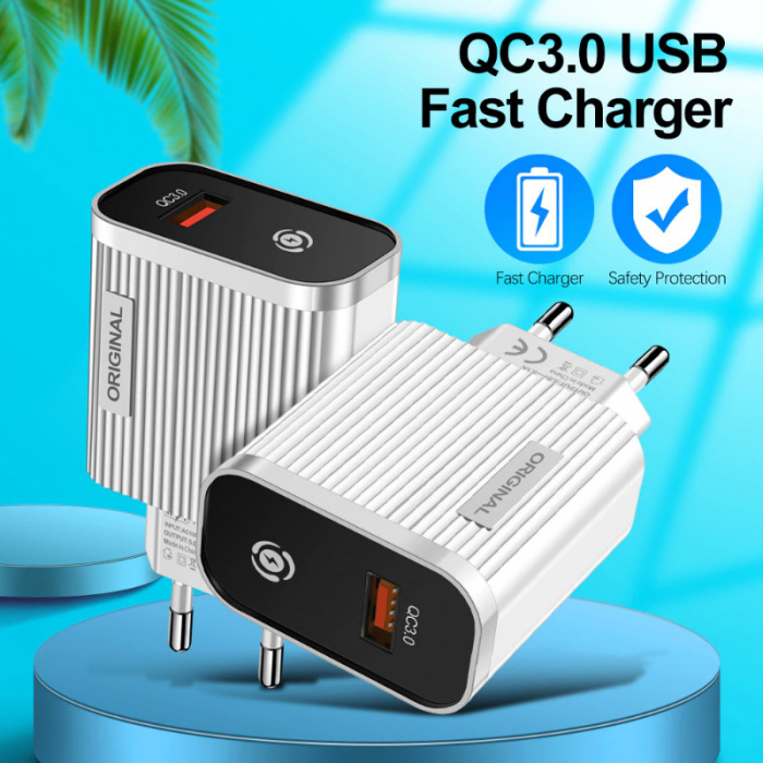 Incarcator USB la priza Euro, cu indicator Led, Quick Charge 3.0, 100 - 240V, 3.1A, alb cu negru [5]