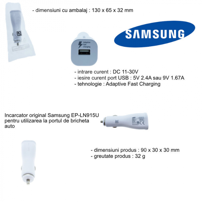 Incarcator USB pentru auto, Samsung EP-LN915U, Adaptive Fast Charging, DC 11-30V, 5V 2A sau 9V 1.67A, alb [7]