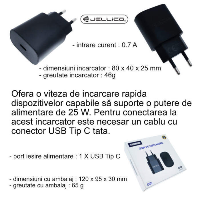 Incarcator USB Tip C la priza Euro, Jellico C35 10651, 25W, Fast Charging, 100 - 240V, 3A, negru [7]