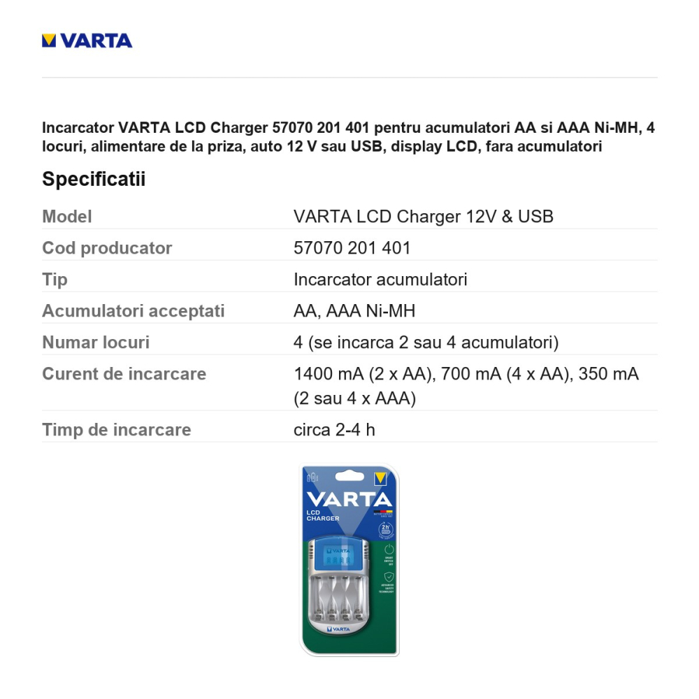 Incarcator VARTA LCD Charger 57070 201 401 pentru acumulatori AA si AAA Ni-MH, 4 locuri, alimentare de la priza, auto 12 V sau USB, display LCD, fara acumulatori [3]