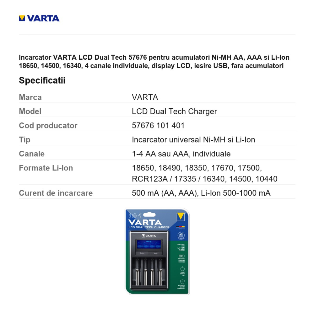 Incarcator VARTA LCD Dual Tech 57676 pentru acumulatori Ni-MH AA, AAA si Li-Ion 18650, 14500, 16340, 4 canale individuale, display LCD, iesire USB, fara acumulatori [3]
