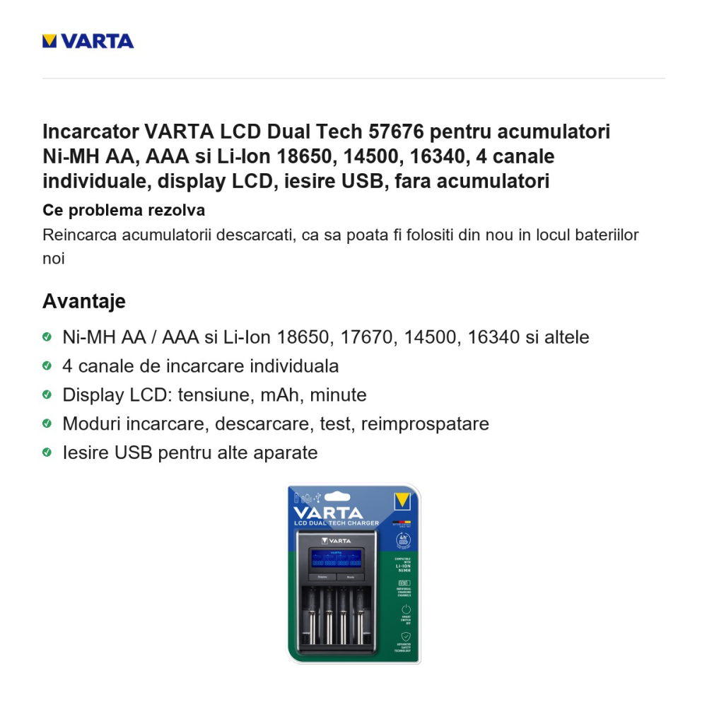 Incarcator VARTA LCD Dual Tech 57676 pentru acumulatori Ni-MH AA, AAA si Li-Ion 18650, 14500, 16340, 4 canale individuale, display LCD, iesire USB, fara acumulatori [2]