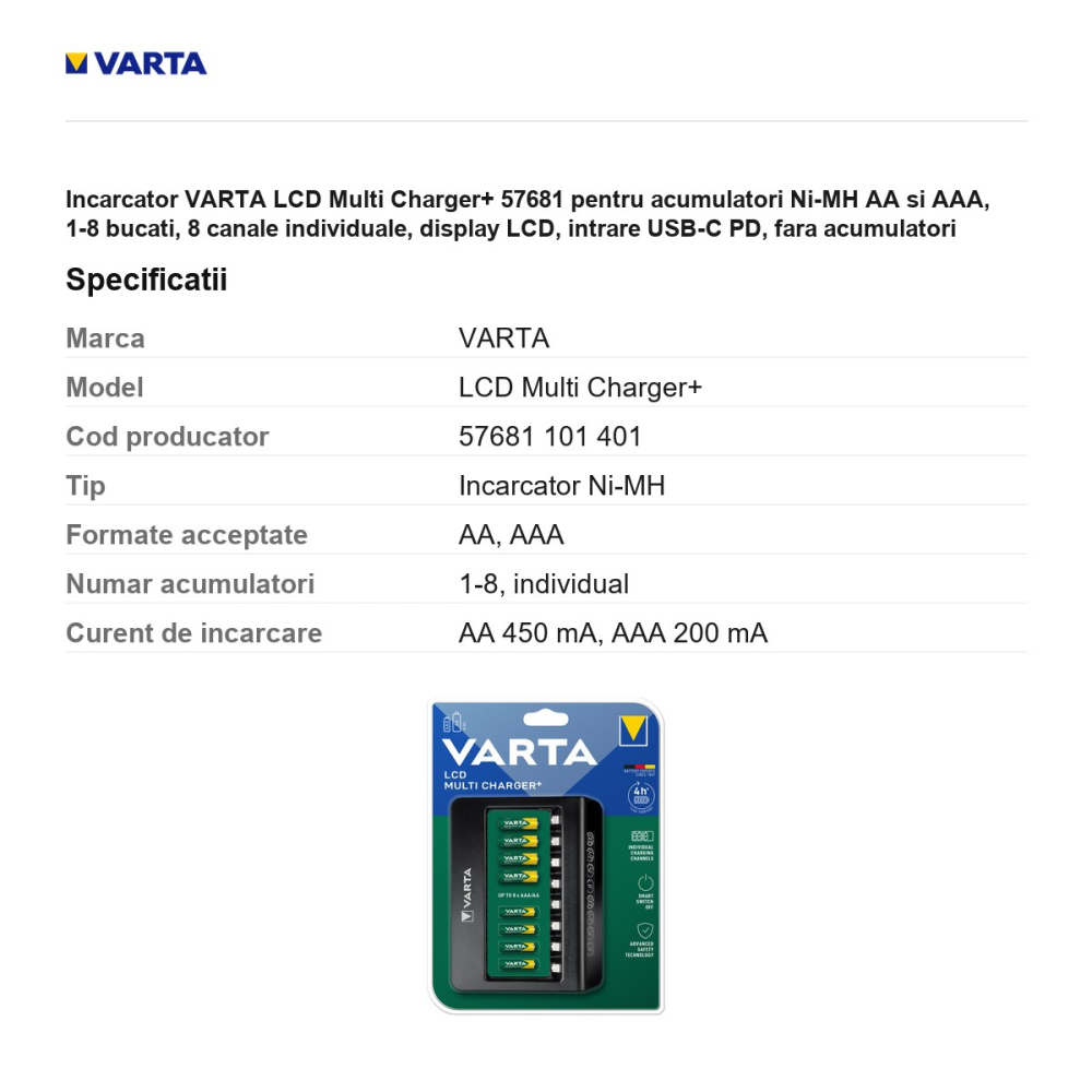 Incarcator VARTA LCD Multi Charger+ 57681 pentru acumulatori Ni-MH AA si AAA, 1-8 bucati, 8 canale individuale, display LCD, intrare USB-C PD, fara acumulatori [3]