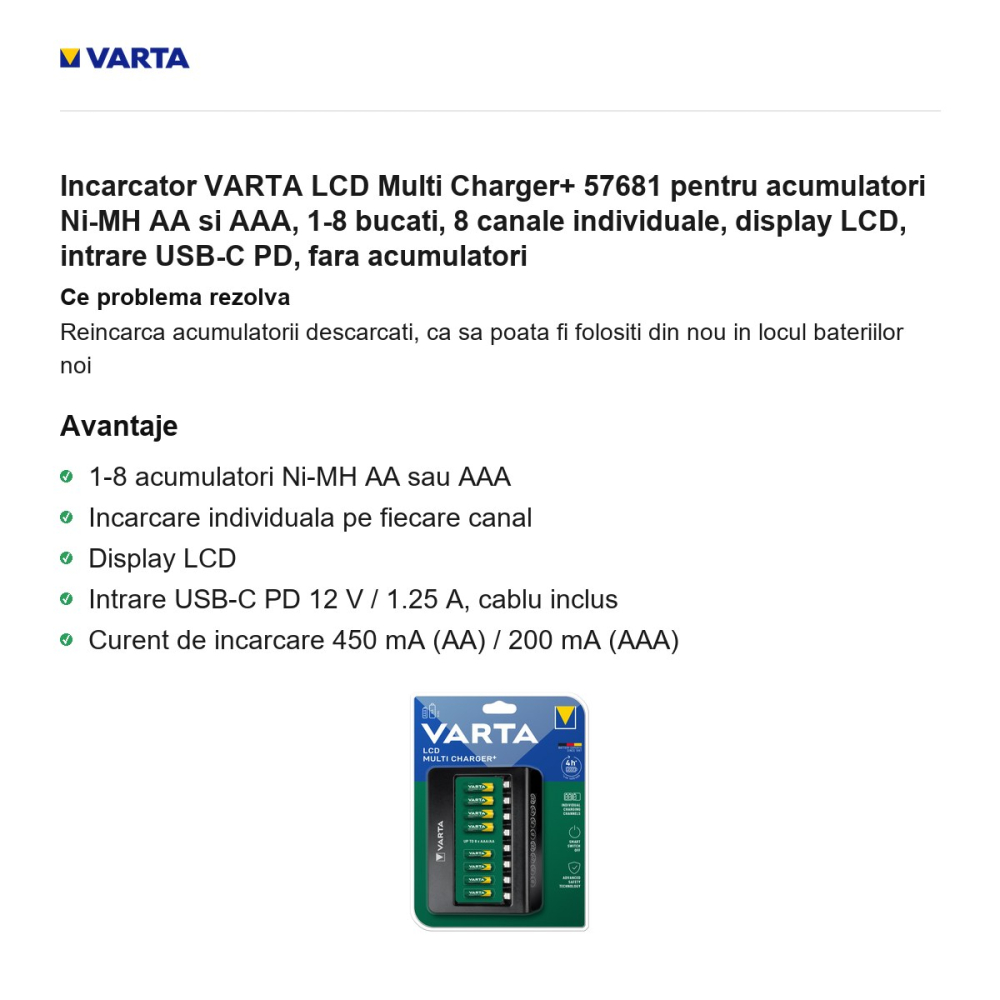 Incarcator VARTA LCD Multi Charger+ 57681 pentru acumulatori Ni-MH AA si AAA, 1-8 bucati, 8 canale individuale, display LCD, intrare USB-C PD, fara acumulatori [2]