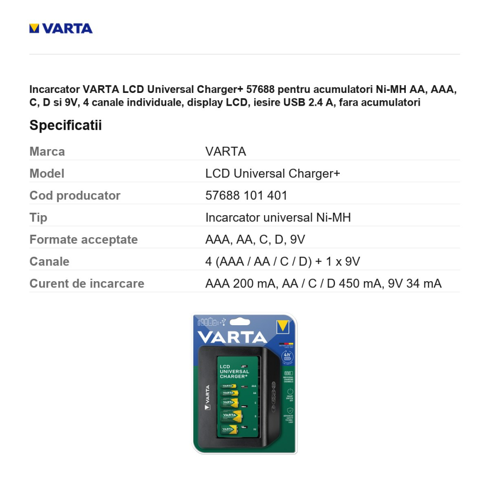 Incarcator VARTA LCD Universal Charger+ 57688 pentru acumulatori Ni-MH AA, AAA, C, D si 9V, 4 canale individuale, display LCD, iesire USB 2.4 A, fara acumulatori [3]