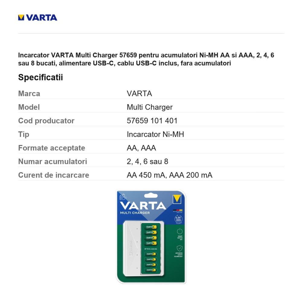 Incarcator VARTA Multi Charger 57659 pentru acumulatori Ni-MH AA si AAA, 2, 4, 6 sau 8 bucati, alimentare USB-C, cablu USB-C inclus, fara acumulatori [3]
