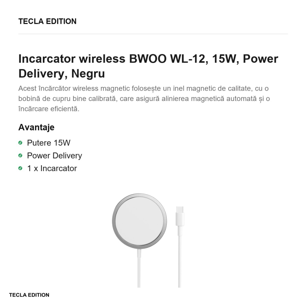 Incarcator wireless BWOO WL-12, 15W, Power Delivery, Negru [2]