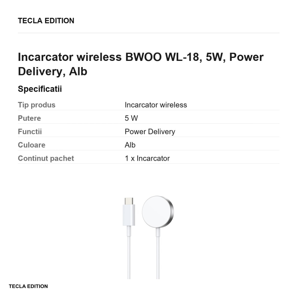 Incarcator wireless BWOO WL-18, 5W, Power Delivery, Alb [3]