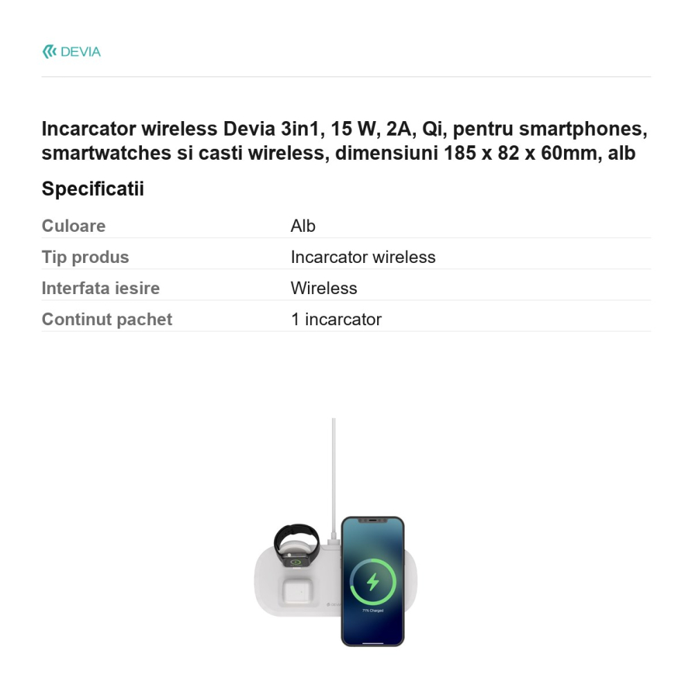 Incarcator wireless Devia 3in1, 15 W, 2A, Qi, pentru smartphones, smartwatches si casti wireless, dimensiuni 185 x 82 x 60mm, alb [3]