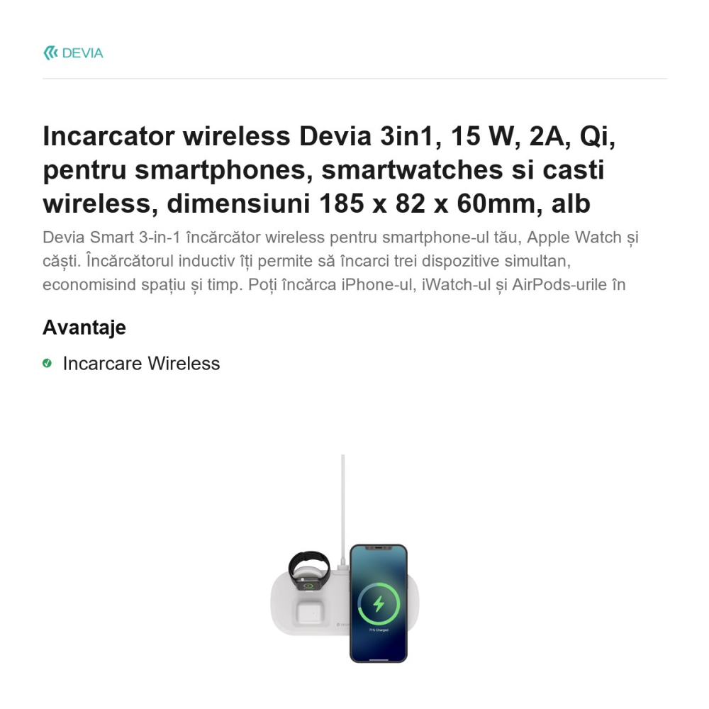 Incarcator wireless Devia 3in1, 15 W, 2A, Qi, pentru smartphones, smartwatches si casti wireless, dimensiuni 185 x 82 x 60mm, alb [2]