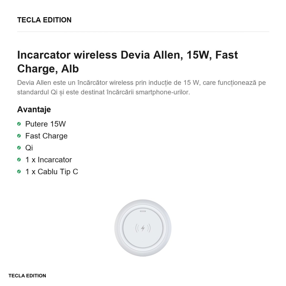 Incarcator wireless Devia Allen, 15W, Fast Charge, Alb [2]