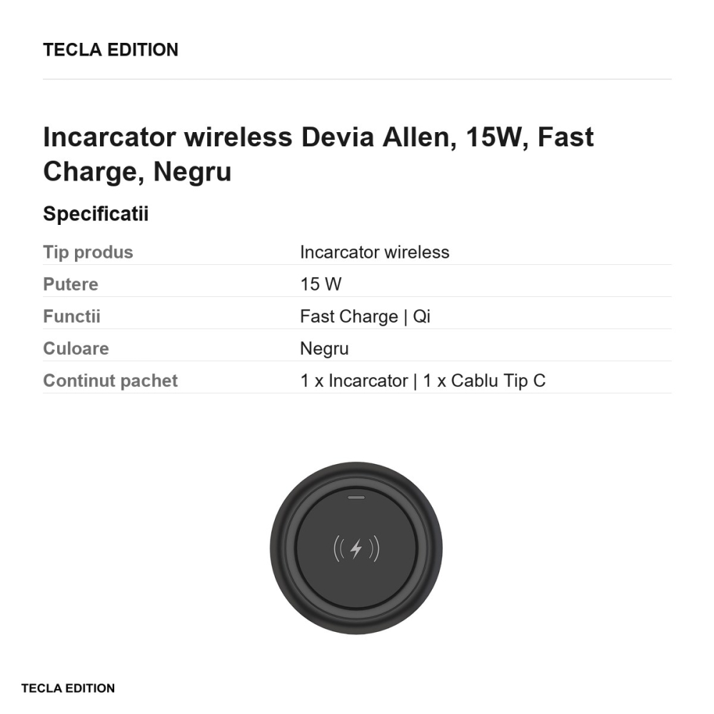 Incarcator wireless Devia Allen, 15W, Fast Charge, Negru [3]