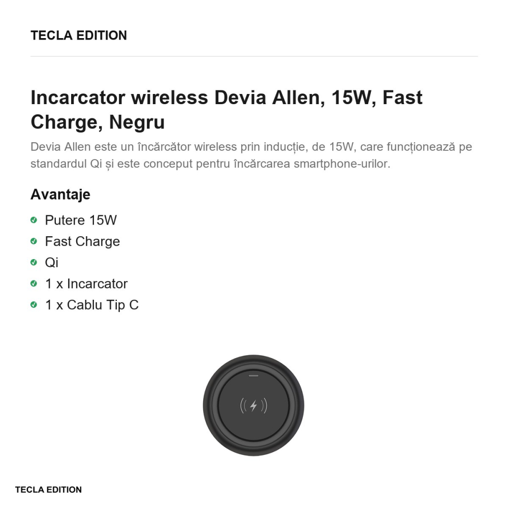Incarcator wireless Devia Allen, 15W, Fast Charge, Negru [2]