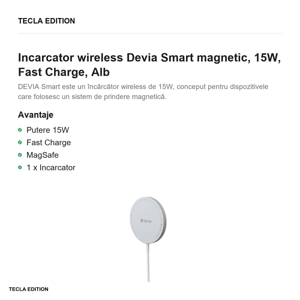 Incarcator wireless Devia Smart magnetic, 15W, Fast Charge, Alb [2]