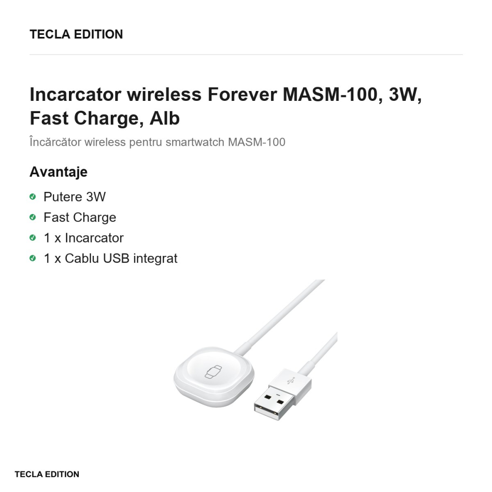 Incarcator wireless Forever MASM-100, 3W, Fast Charge, Alb [2]