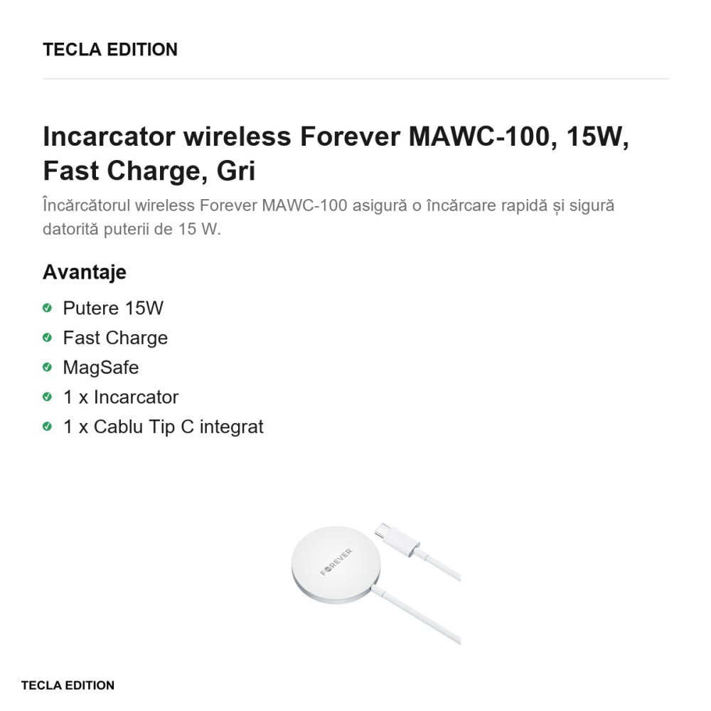 Incarcator wireless Forever MAWC-100, 15W, Fast Charge, Gri [2]