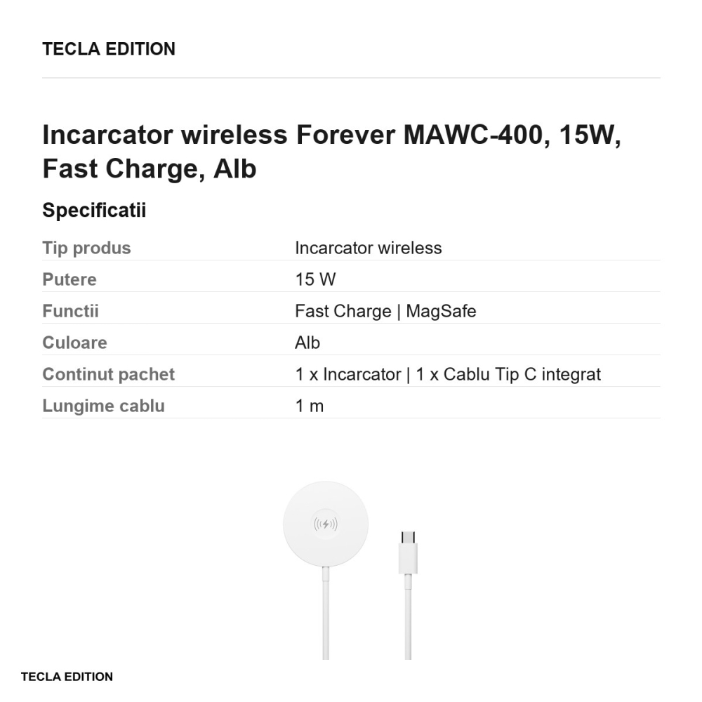Incarcator wireless Forever MAWC-400, 15W, Fast Charge, Alb [3]