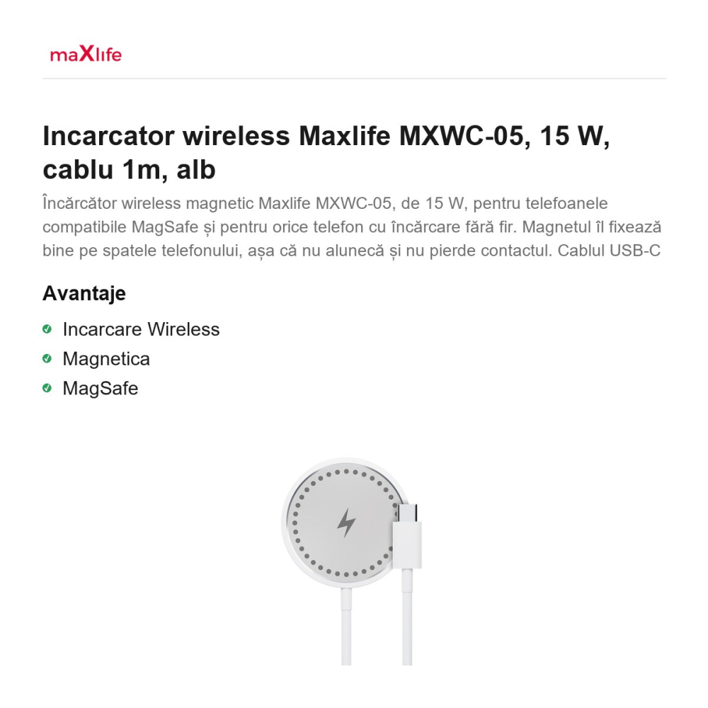 Incarcator wireless Maxlife MXWC-05, 15 W, cablu 1m, alb [2]