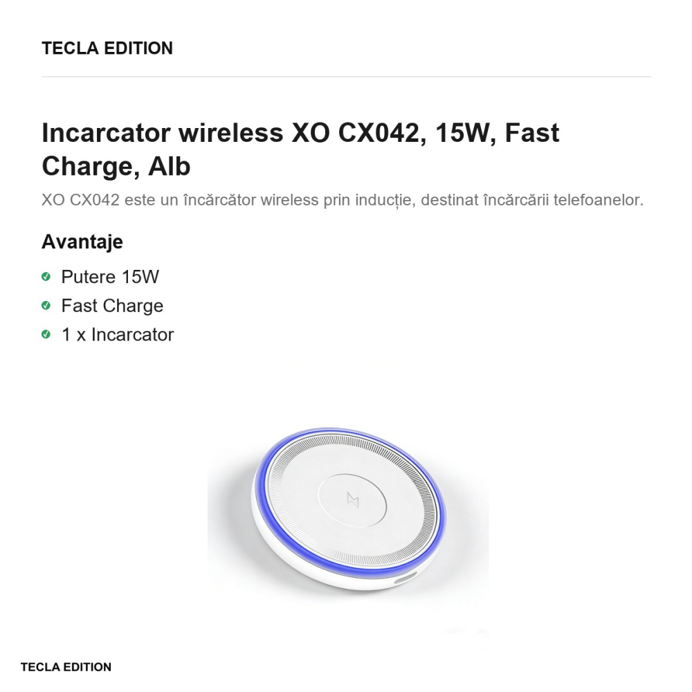 Incarcator wireless XO CX042, 15W, Fast Charge, Alb [2]