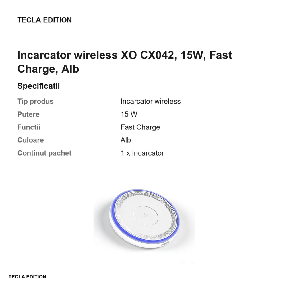 Incarcator wireless XO CX042, 15W, Fast Charge, Alb [3]