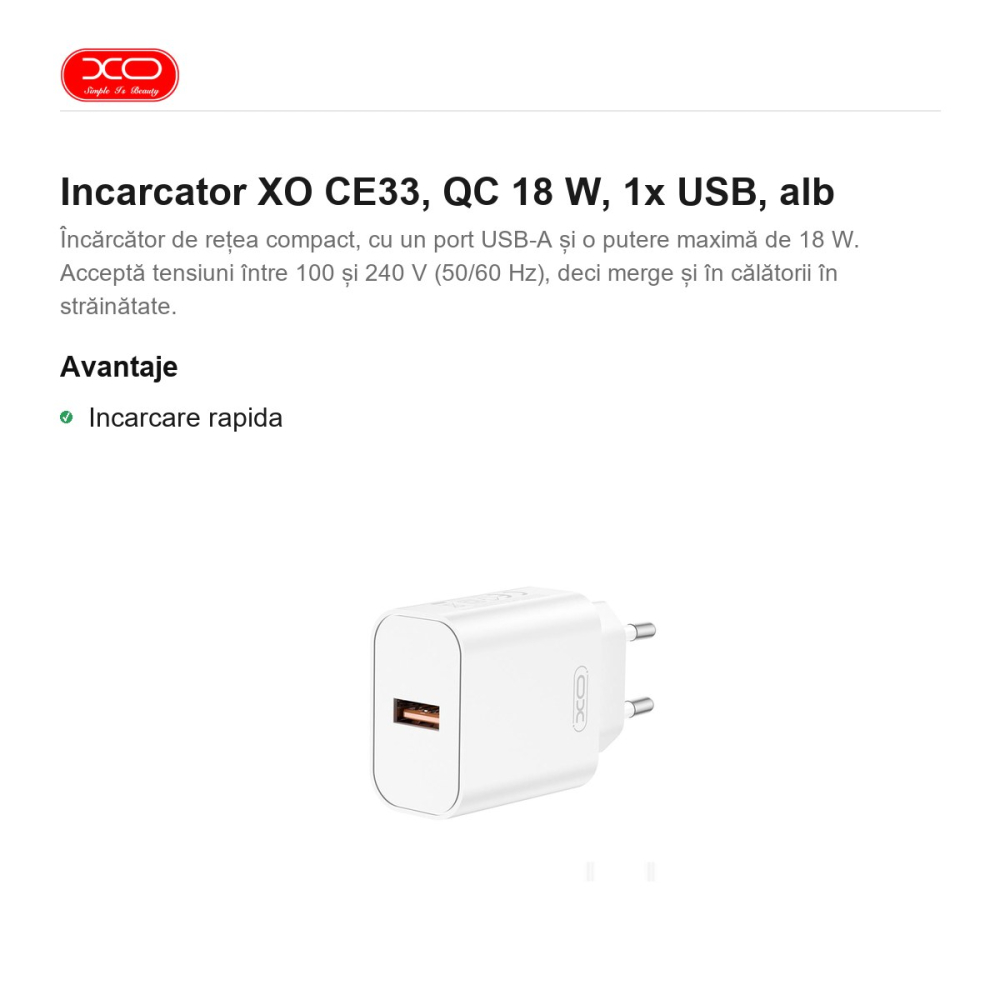 Incarcator XO CE33, QC 18 W, 1x USB, alb [2]