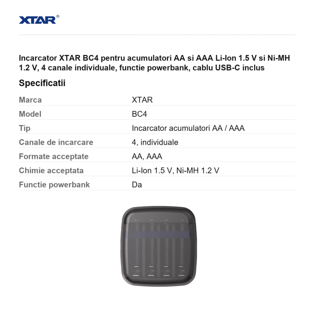 Incarcator XTAR BC4 pentru acumulatori AA si AAA Li-Ion 1.5 V si Ni-MH 1.2 V, 4 canale individuale, functie powerbank, cablu USB-C inclus [3]