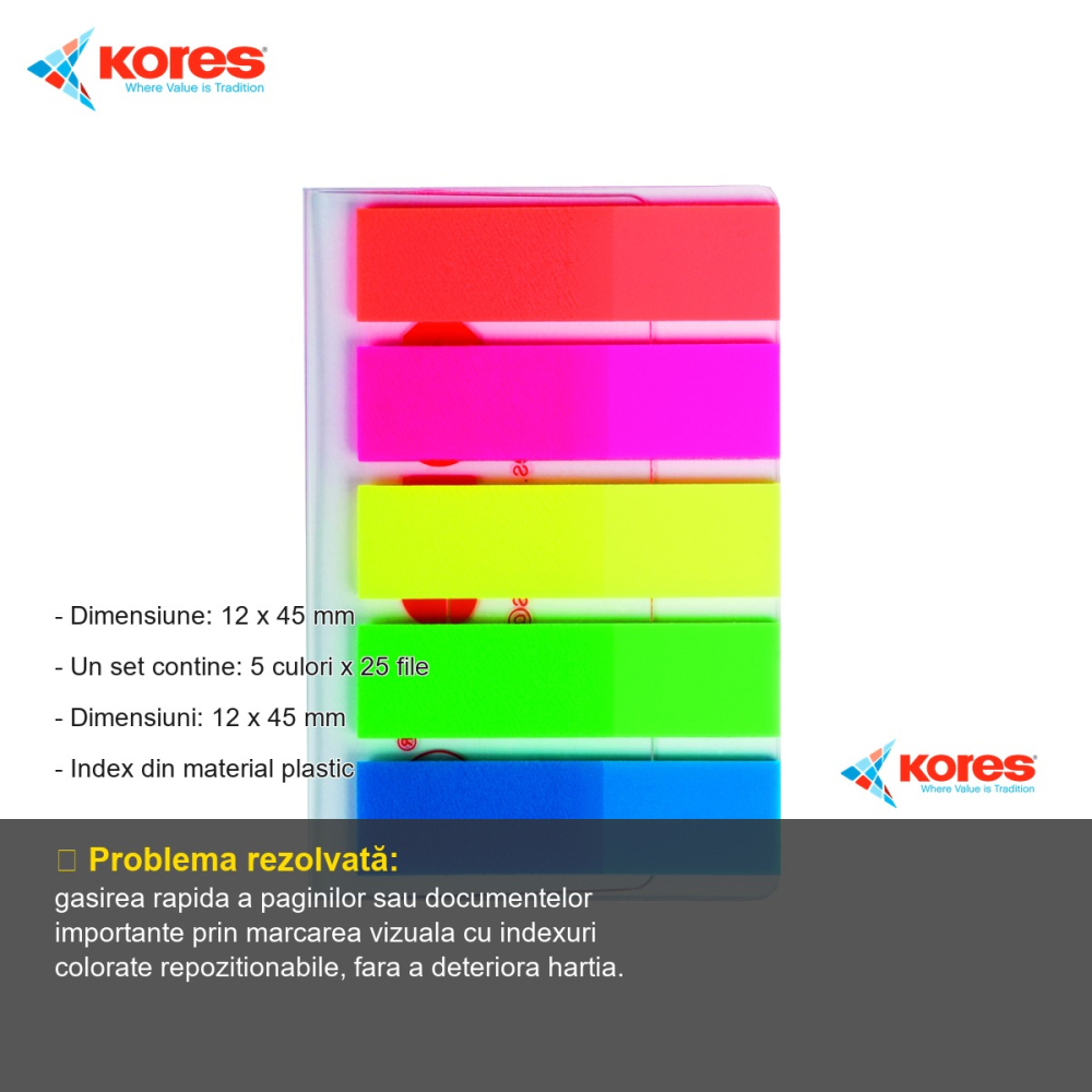 Index adeziv din plastic Kores, 12x45 mm, 5 culori, repozitionabil, pentru documente si notite [2]