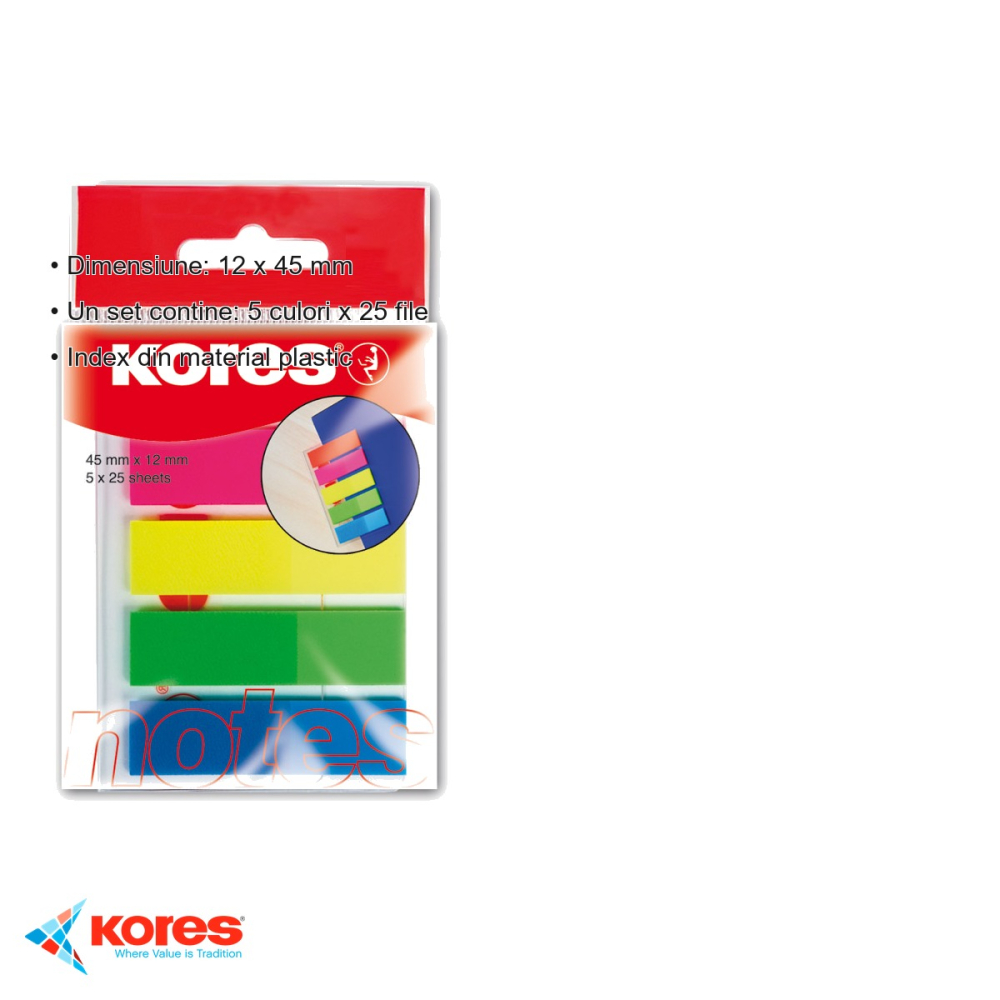 Index adeziv din plastic Kores, 12x45 mm, 5 culori, repozitionabil, pentru documente si notite [3]