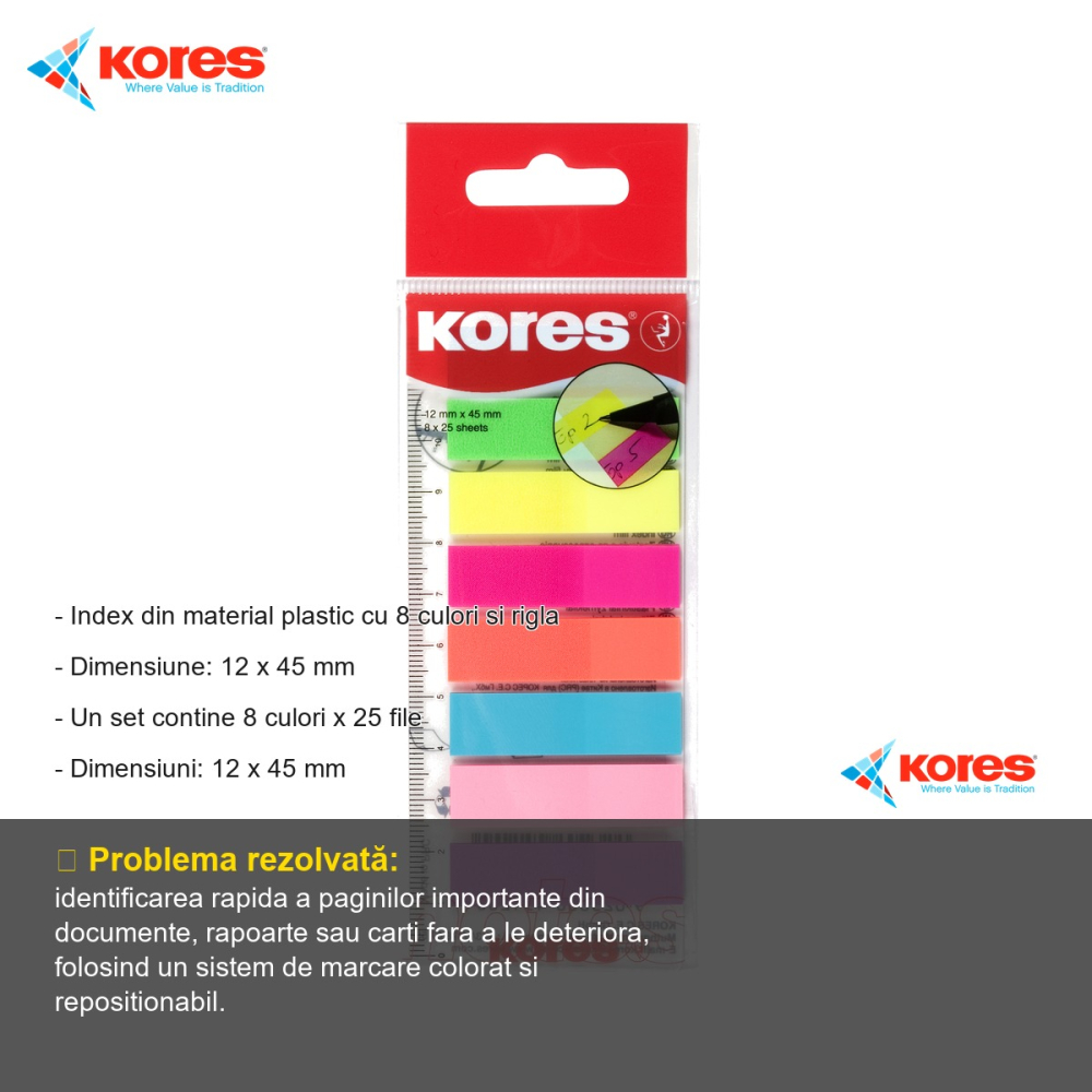 Index adeziv din plastic Kores, 8 culori x 25 file, cu rigla, 12 x 45 mm, pentru organizare documente [2]