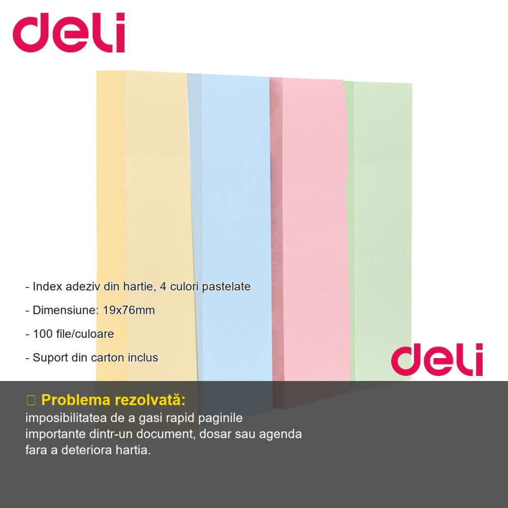 Index adeziv hartie Deli, 4 culori pastel, 19x76mm, 100 file/culoare, pentru organizare rapida documente [2]
