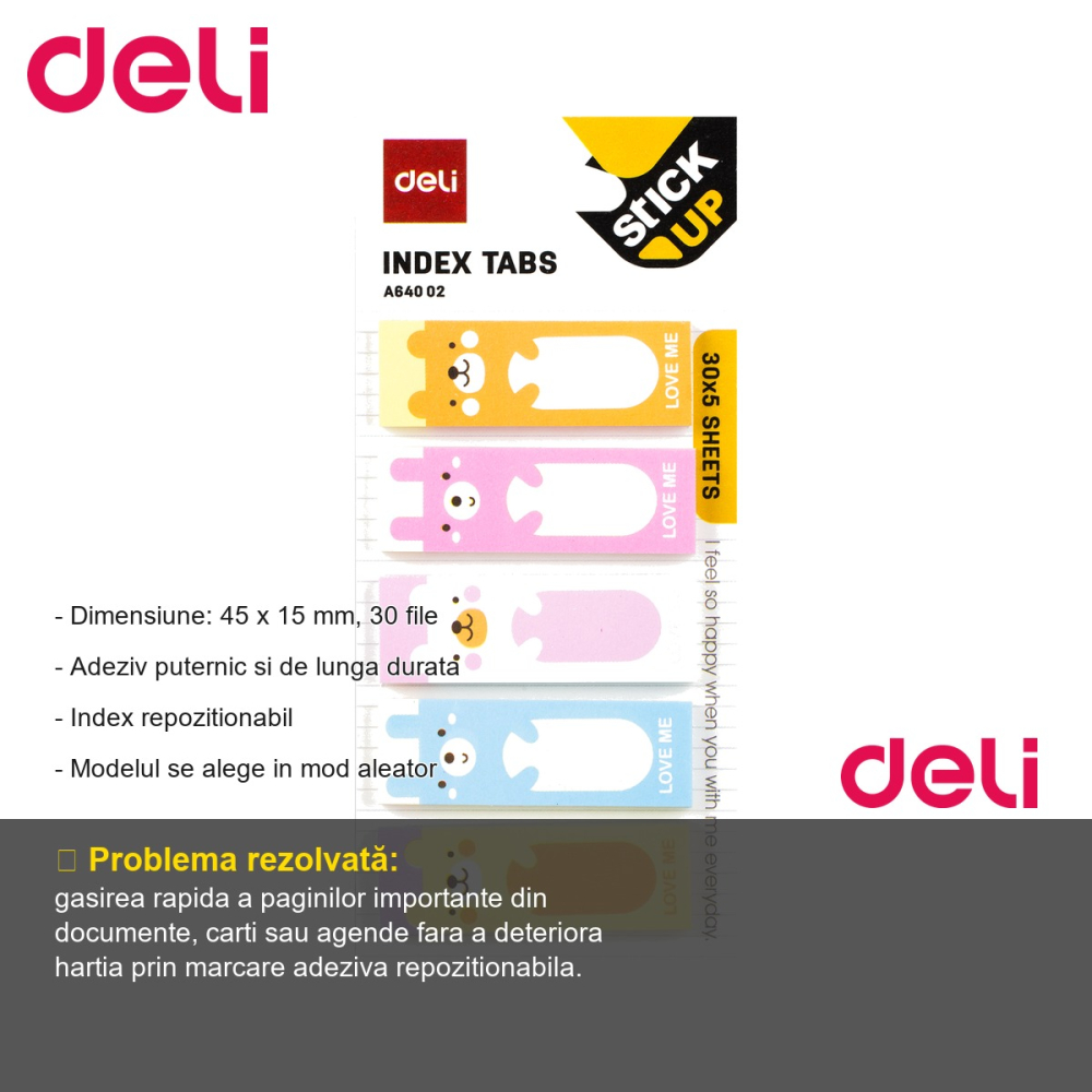 Index adeziv hartie Deli, modele animale si buline, 45x15mm, 30 file, repozitionabil [2]