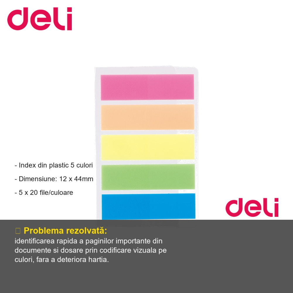 Index adeziv plastic Deli, 5 culori, 12x44mm, pentru organizare documente si dosare [2]