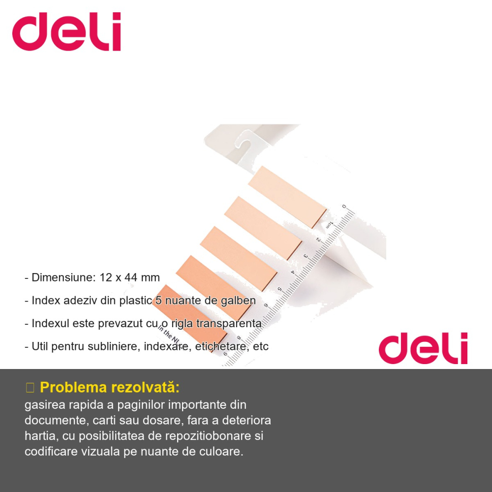 Index adeziv plastic Deli Nusign, 5 nuante de galben cu rigla transparenta, pentru subliniere si indexare documente [2]