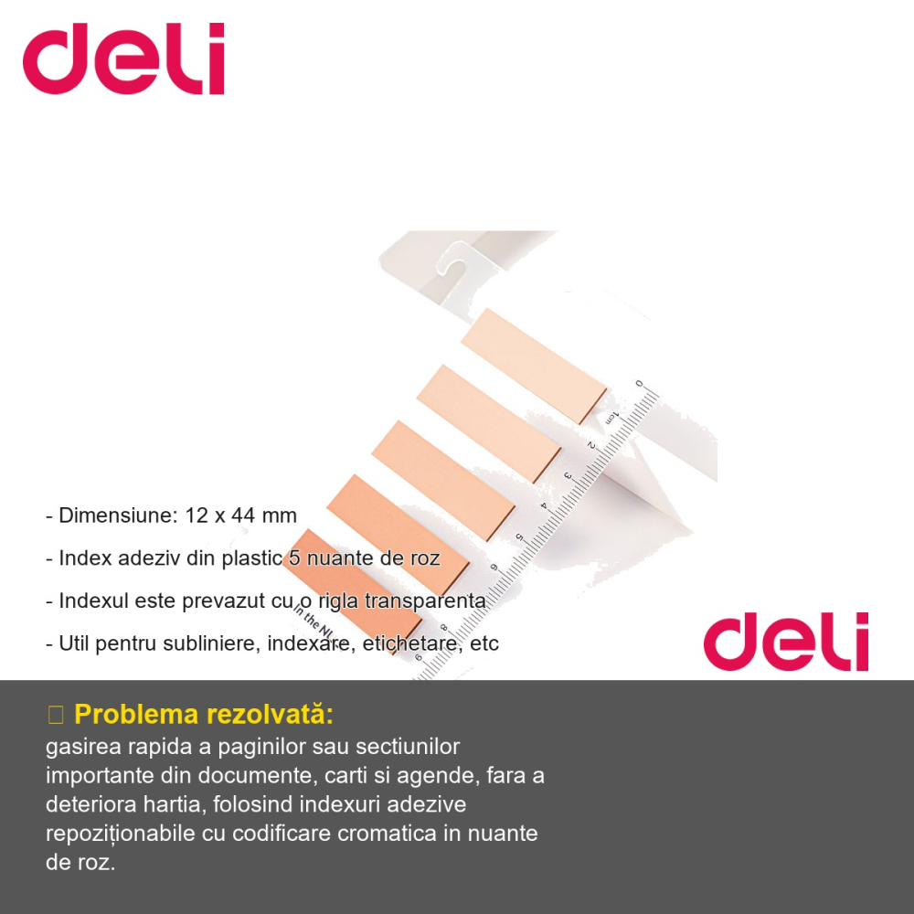 Index adeziv plastic Deli Nusign, 5 nuante de roz cu rigla transparenta, pentru subliniere si indexare rapida [2]