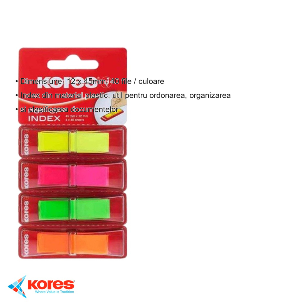 Index adeziv plastic Kores, 12x45 mm, 4 culori, 40 file/culoare, pentru organizarea documentelor [3]