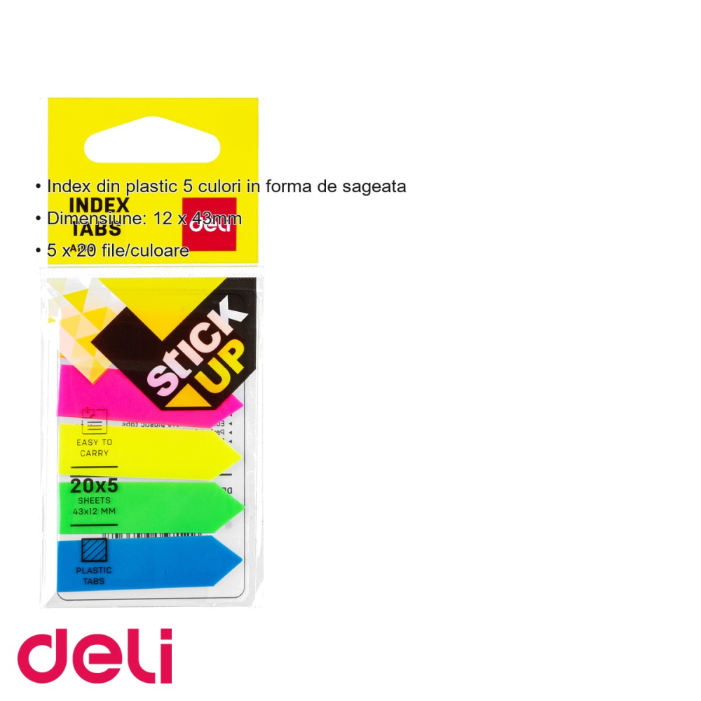 Index adeziv plastic sageata Deli, 5 culori, 12x43mm, pentru organizare documente si dosare [3]
