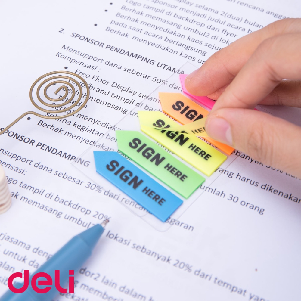 Index adeziv plastic "Sign Here" Deli, 44x12mm, 5 culori, 20 file per culoare, cu suport plastic inclus [5]