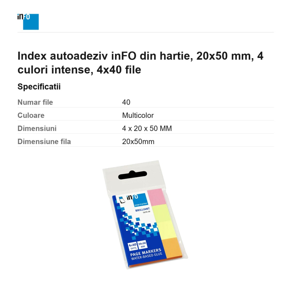 Index autoadeziv inFO din hartie, 20x50 mm, 4 culori intense, 4x40 file [3]