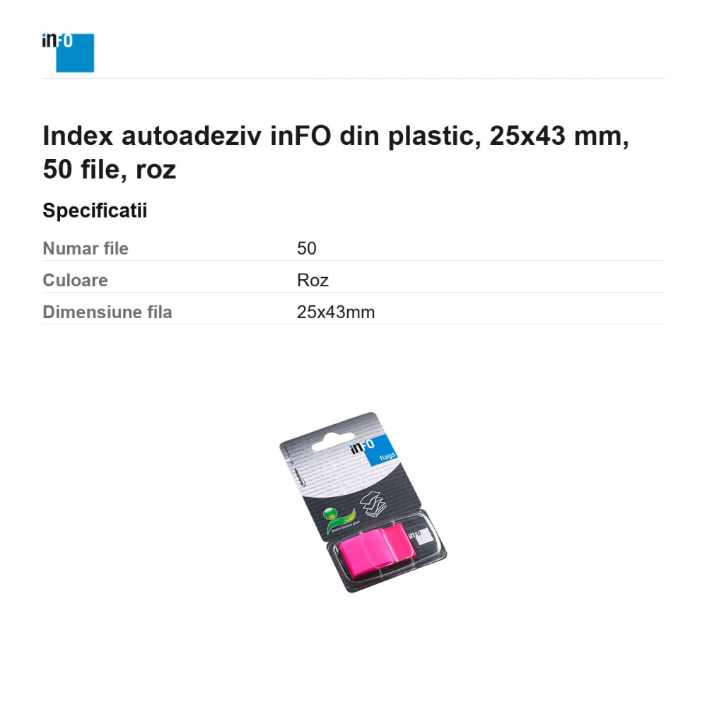 Index autoadeziv inFO din plastic, 25x43 mm, 50 file, roz [3]