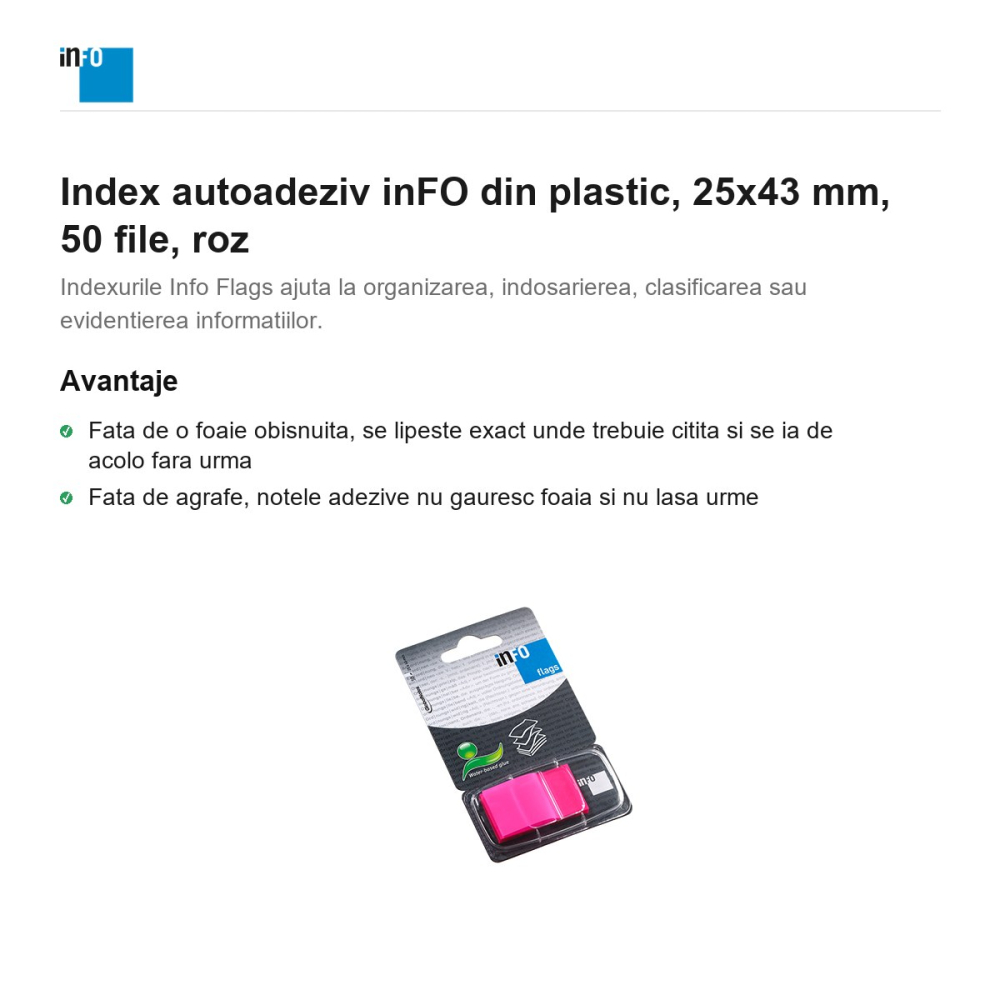 Index autoadeziv inFO din plastic, 25x43 mm, 50 file, roz [2]