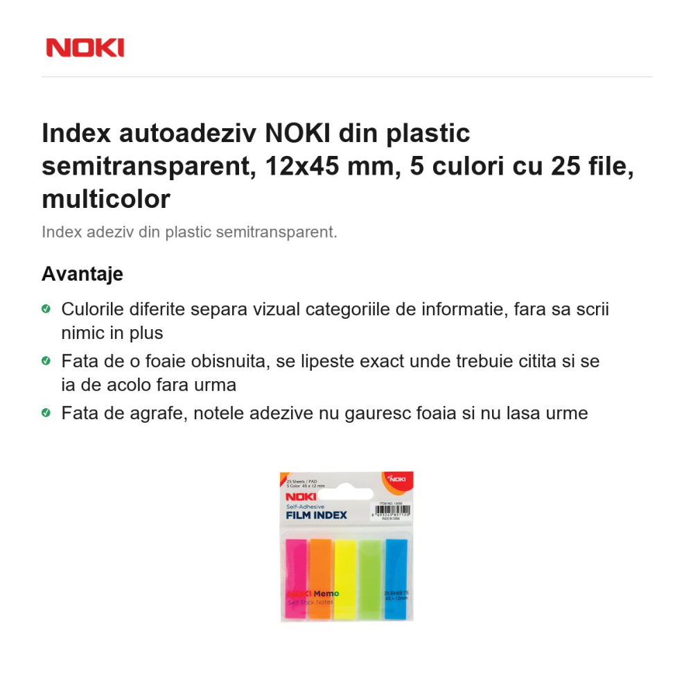 Index autoadeziv NOKI din plastic semitransparent, 12x45 mm, 5 culori cu 25 file, multicolor [2]
