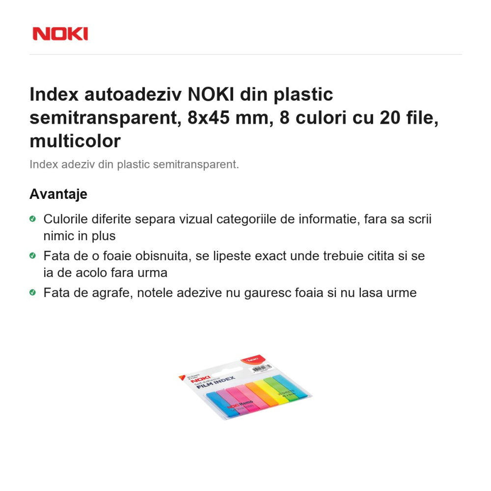 Index autoadeziv NOKI din plastic semitransparent, 8x45 mm, 8 culori cu 20 file, multicolor [2]